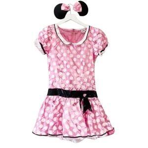 DISNEY Minnie Mouse Costume Dress Headband Set Pink Polka Dot Junior Medium 7 9